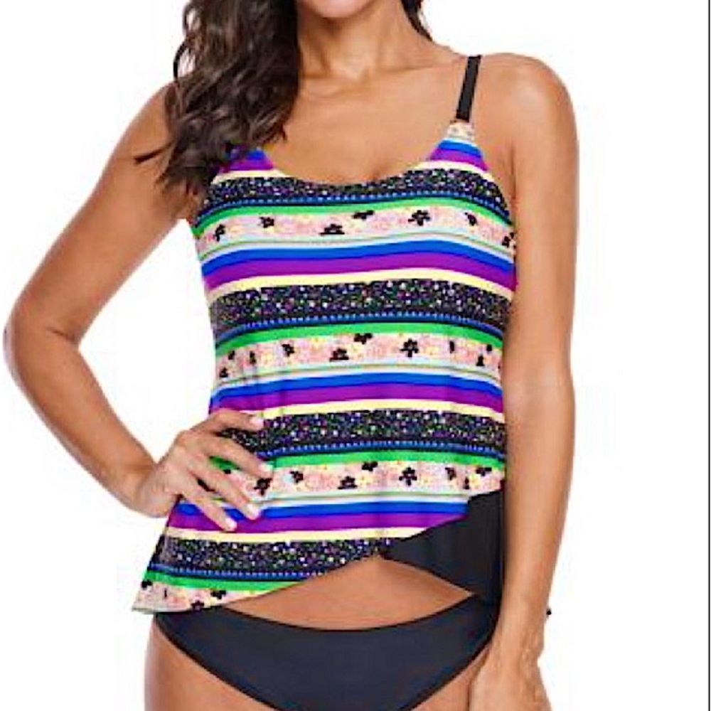 🟢2 FOR $15❣️SALE! Colorful Tankini Top *NEW *Top Only *Medium *Asymmetrical Hem - Picture 5 of 16